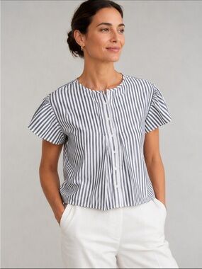 Weekend Max Mara Striped Button-Up Blouse White Blue Size 12 Short Sleeve